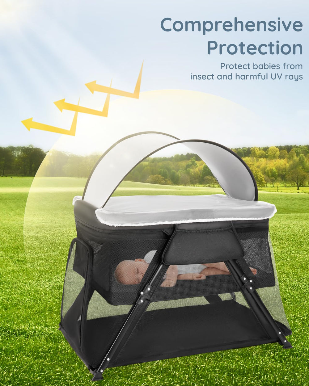 Lilian&Gema travel-ready crib in car or hotel room shows versatile use.