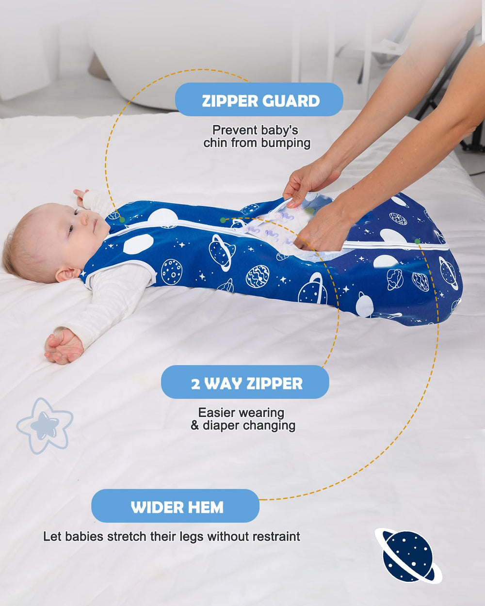 Lilian&Gema sleep sack features a convenient 2-way zipper for easy diaper changes.