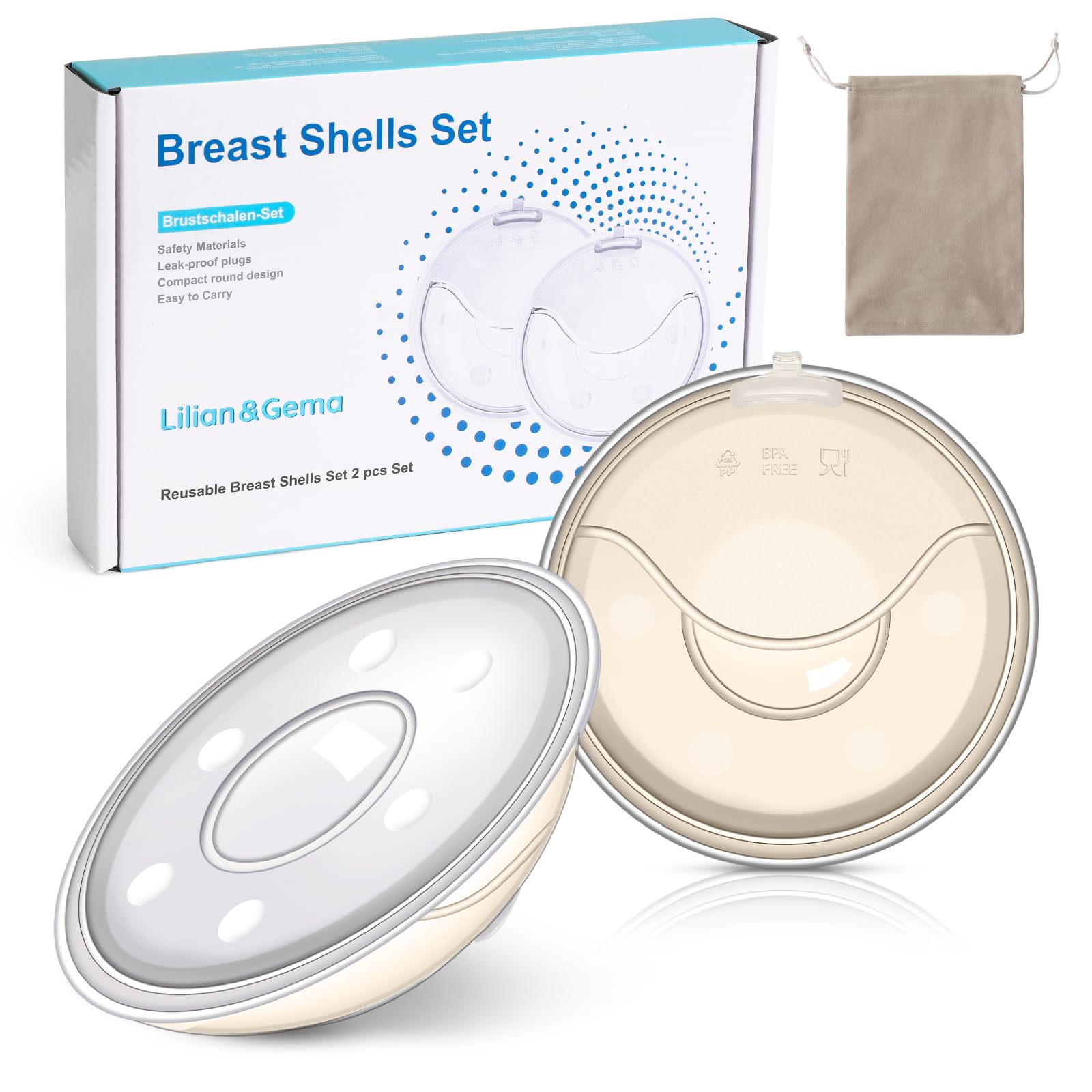 Lilian&Gema milk collector setup demonstrates dual-pack design for spill prevention during breastfeeding.
