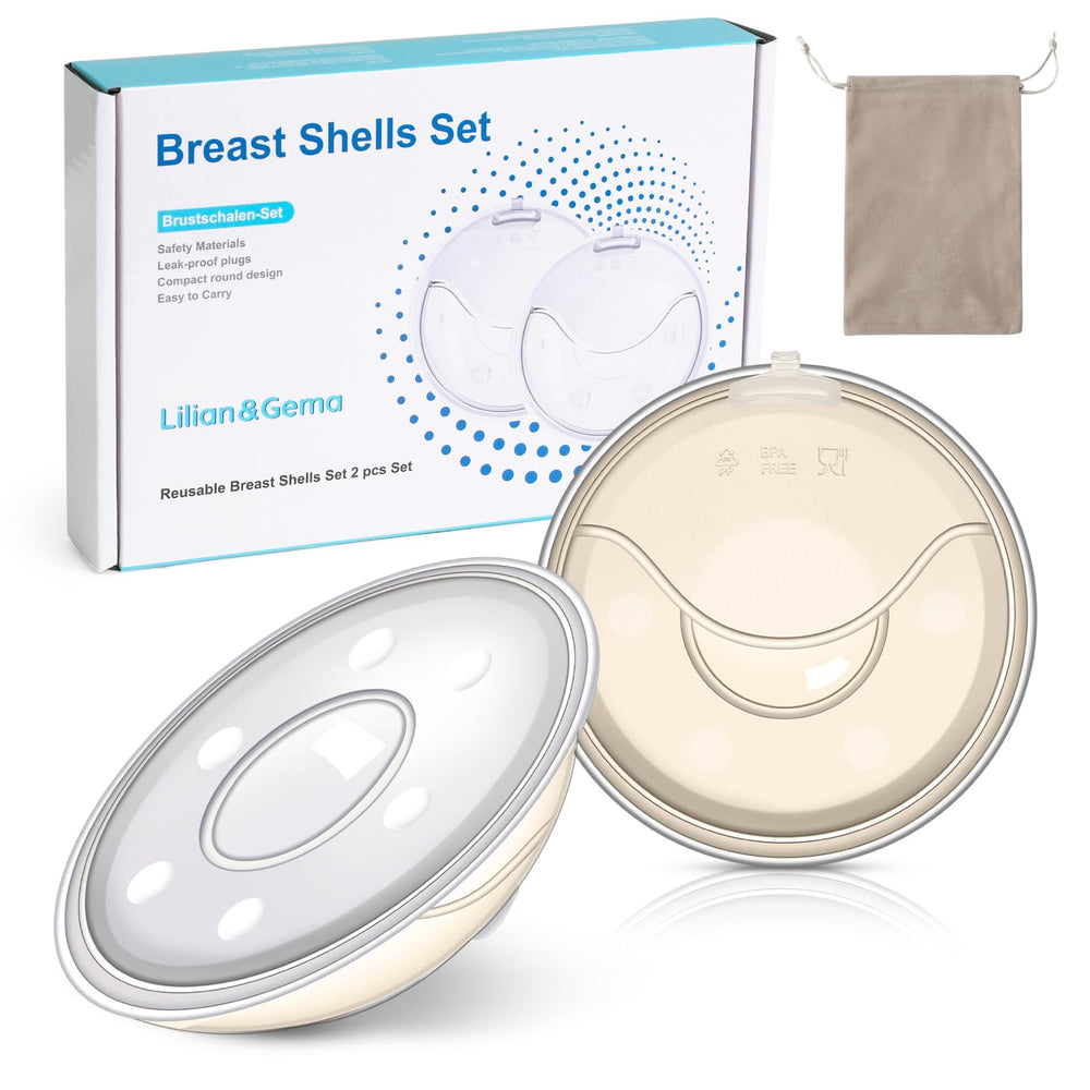 Lilian&Gema milk collector setup demonstrates dual-pack design for spill prevention during breastfeeding.
