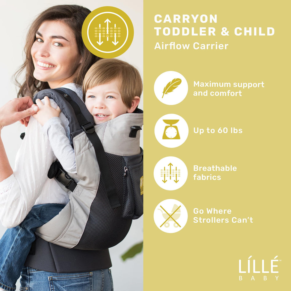 LILLEbaby CarryOn Airflow shows adjustable side panels for hip positioning.
