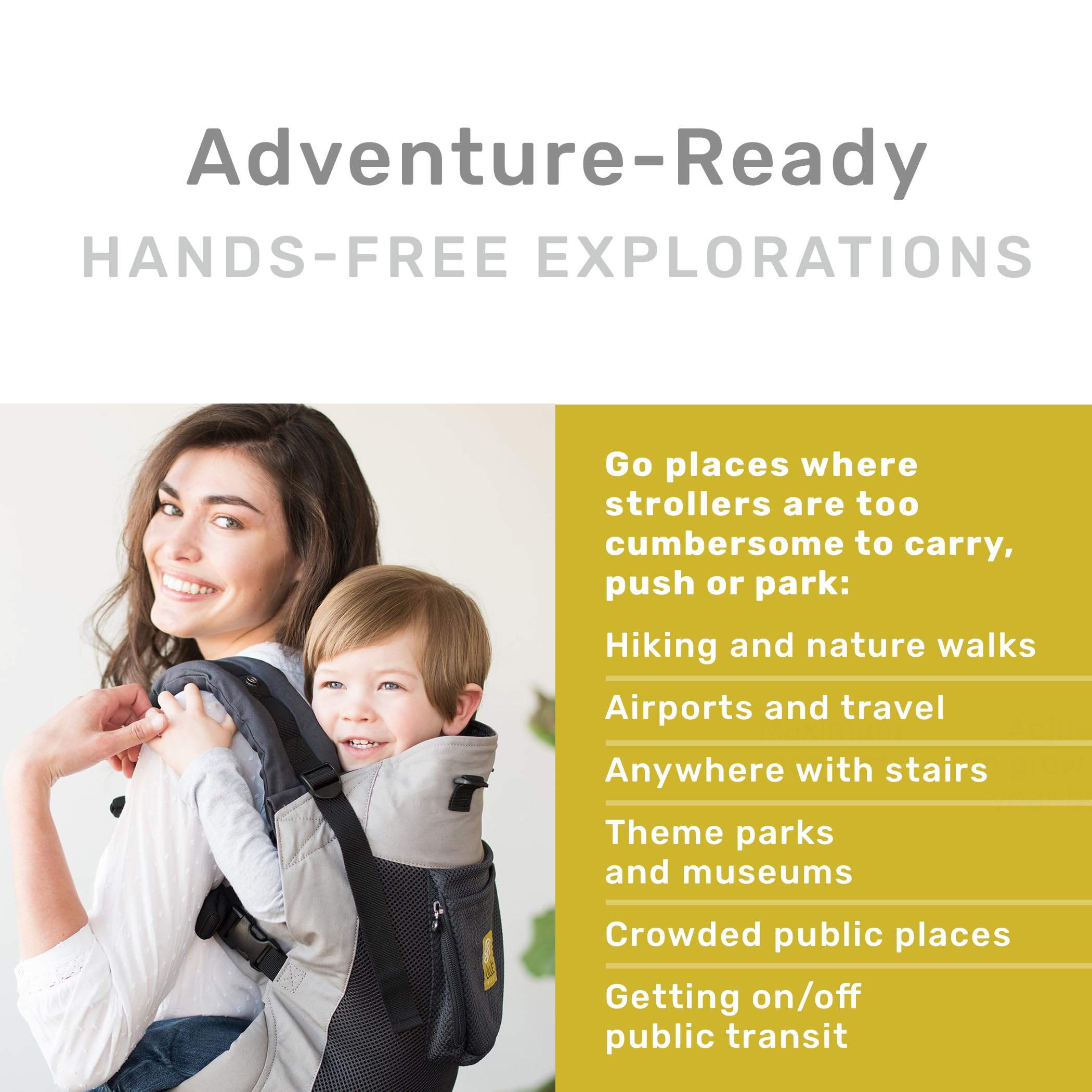 LILLEbaby CarryOn Airflow in airport setting emphasizes hands-free travel convenience.