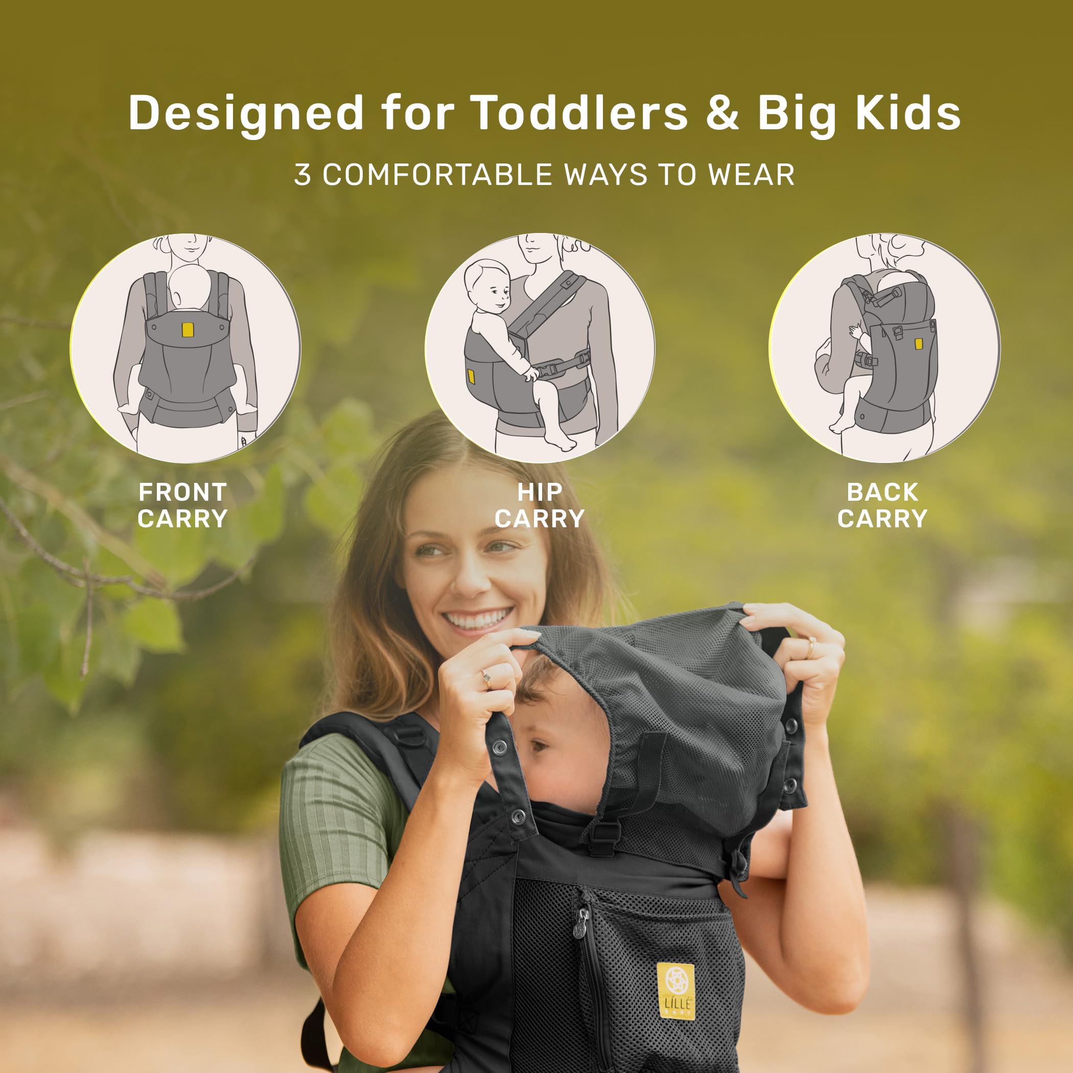 LILLEbaby CarryOn toddler in carrier demonstrates ergonomic carrying posture.