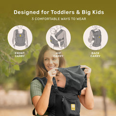 LILLEbaby CarryOn toddler in carrier demonstrates ergonomic carrying posture.