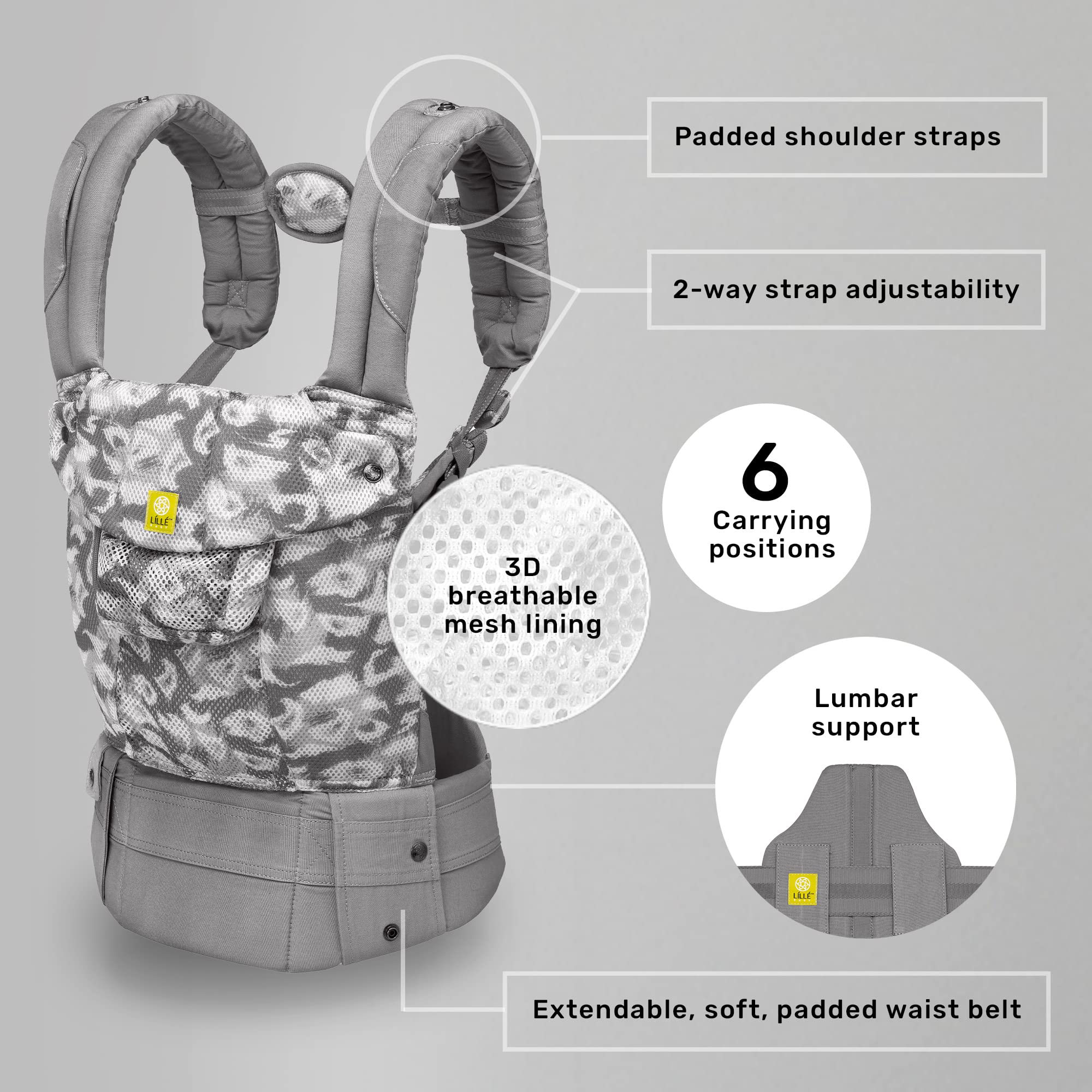 LILLEbaby Complete Airflow lumbar-support back panel helps distribute weight for longer, comfortable wear.