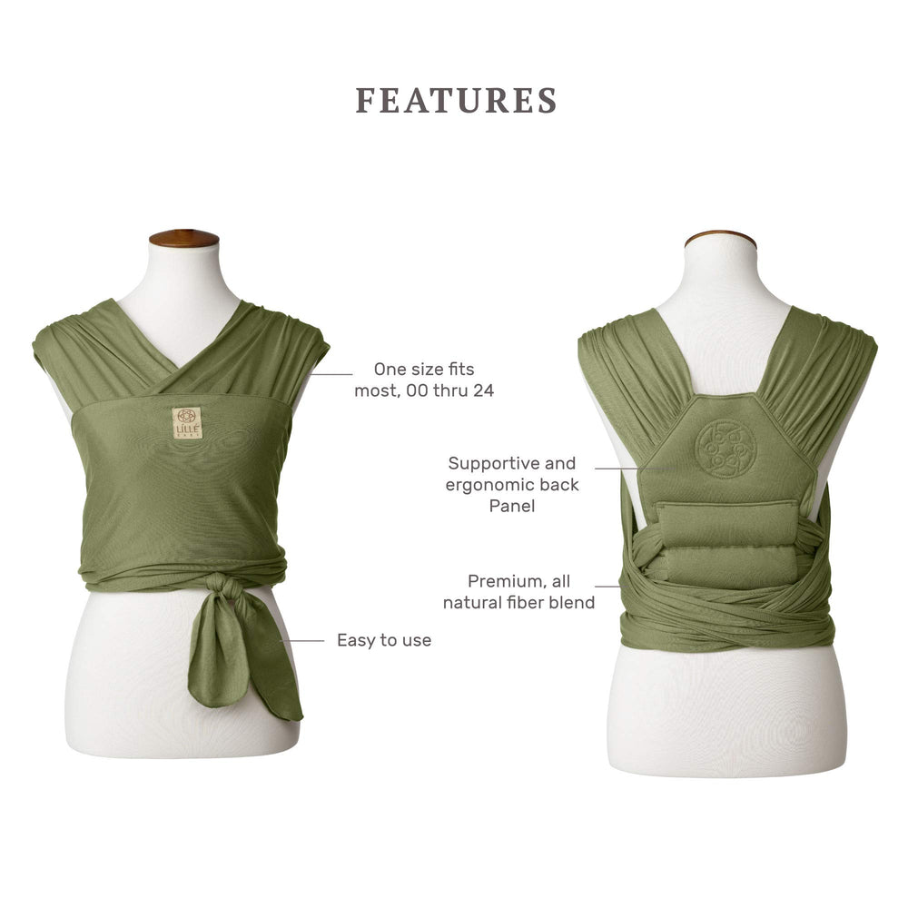 lillebaby dragonfly wrap moss back panel provides ergonomic support for parent comfort.