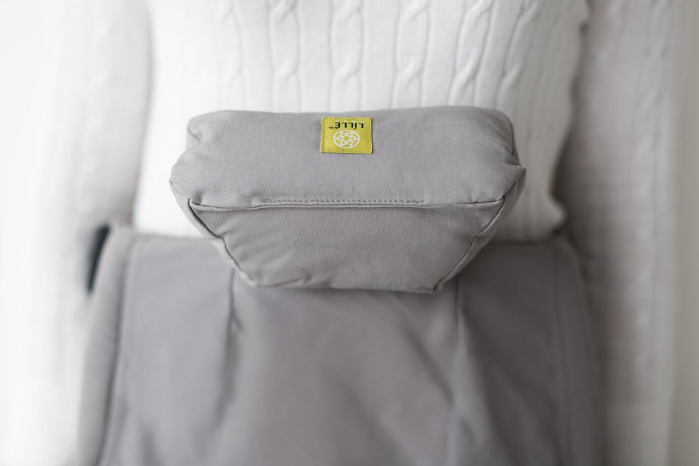 LILLEbaby cushion removed from carrier shows washable, quick-dry fabric and care.
