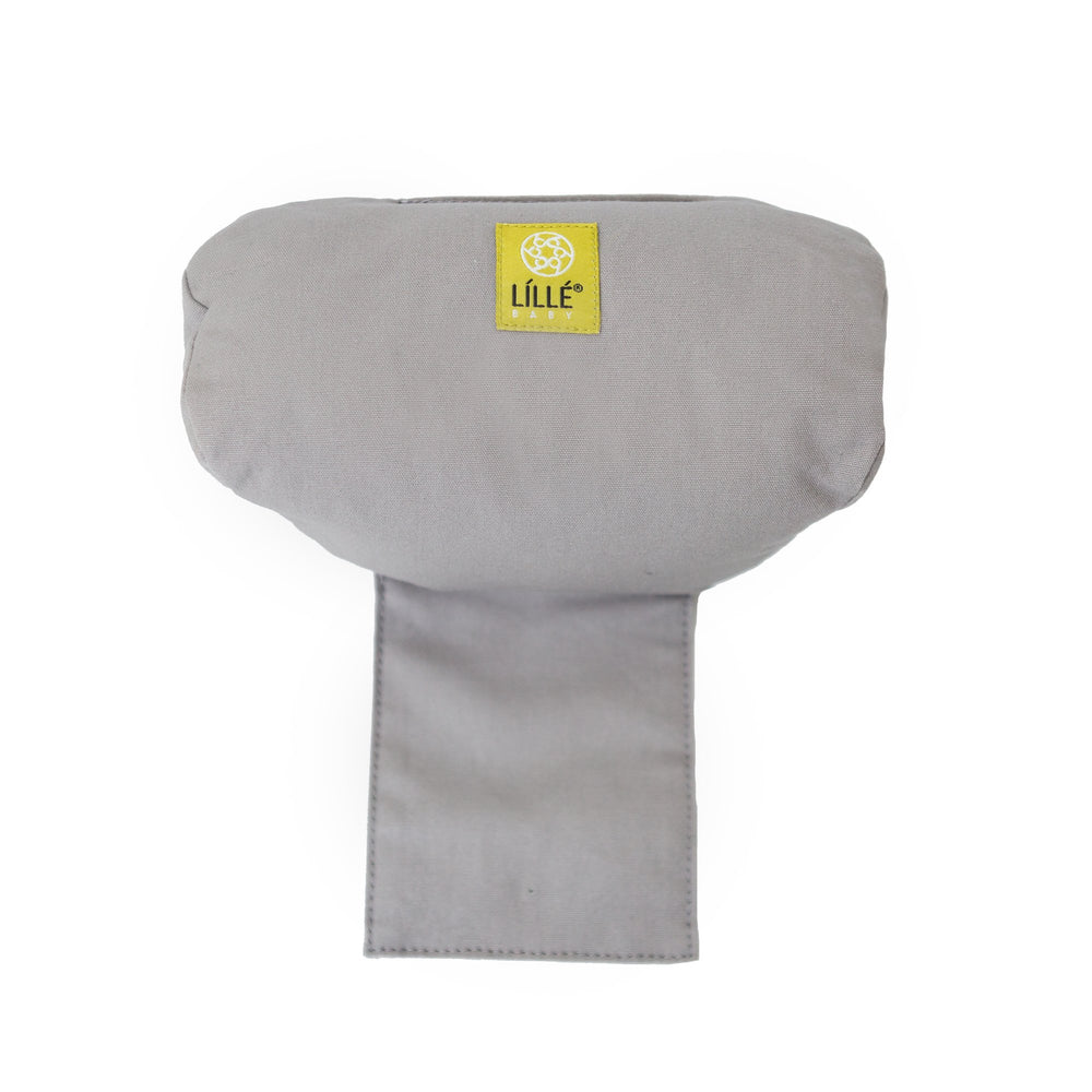 LILLEbaby infant pillow in grey ready for travel, quick cleaning.