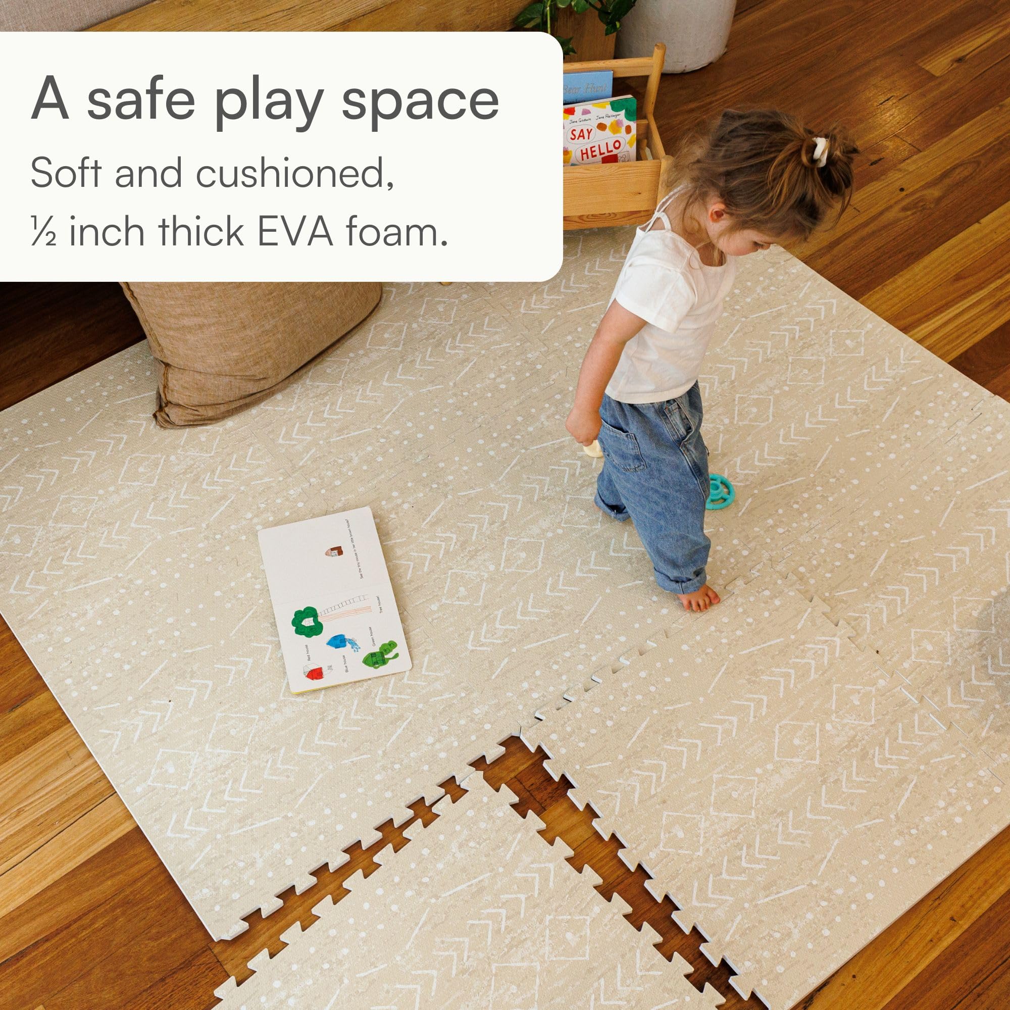 Lillefolk mat with beige and white pattern complements neutral nursery decor