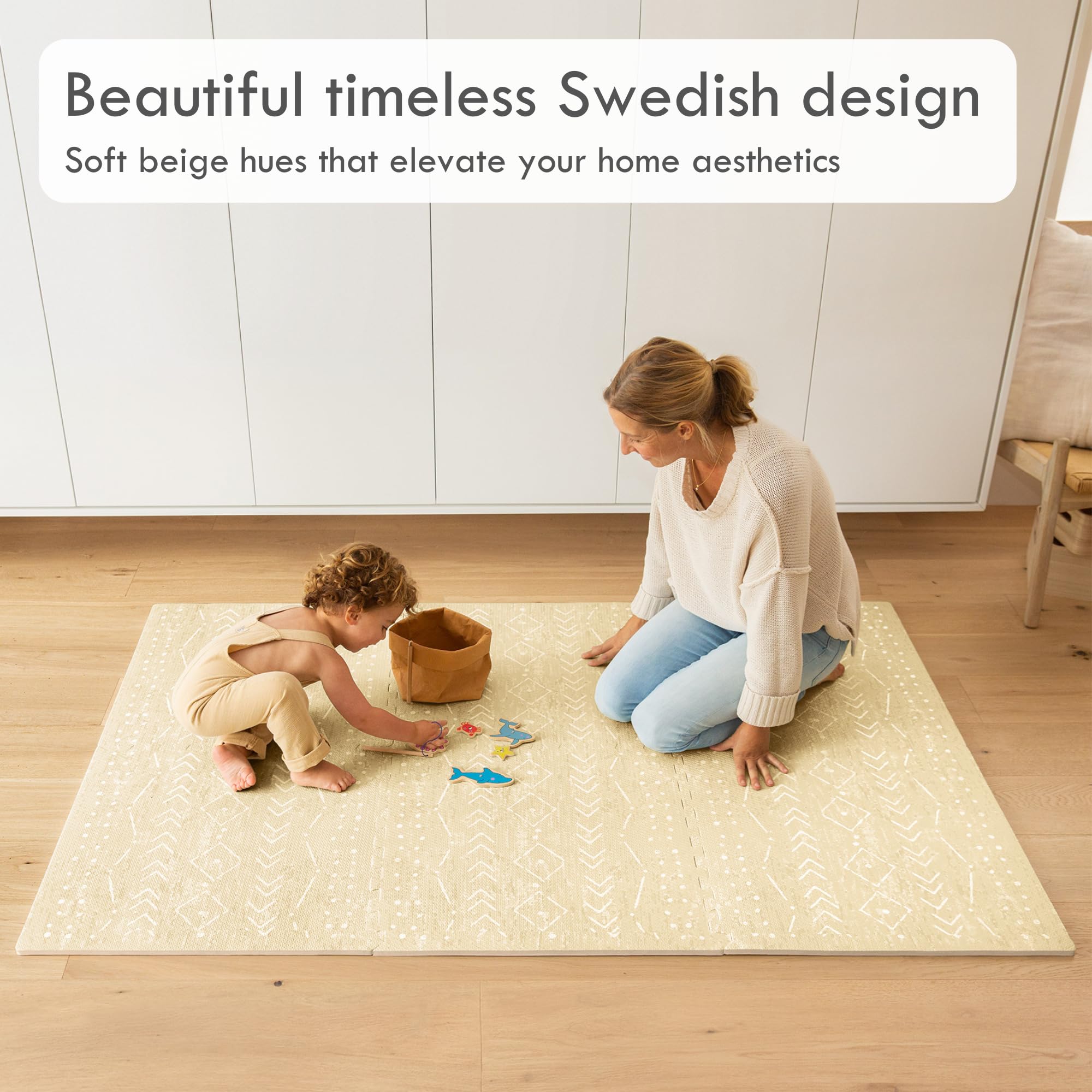 Lillefolk baby play mat beige pattern closeup reveals soft texture and safe, calming play space