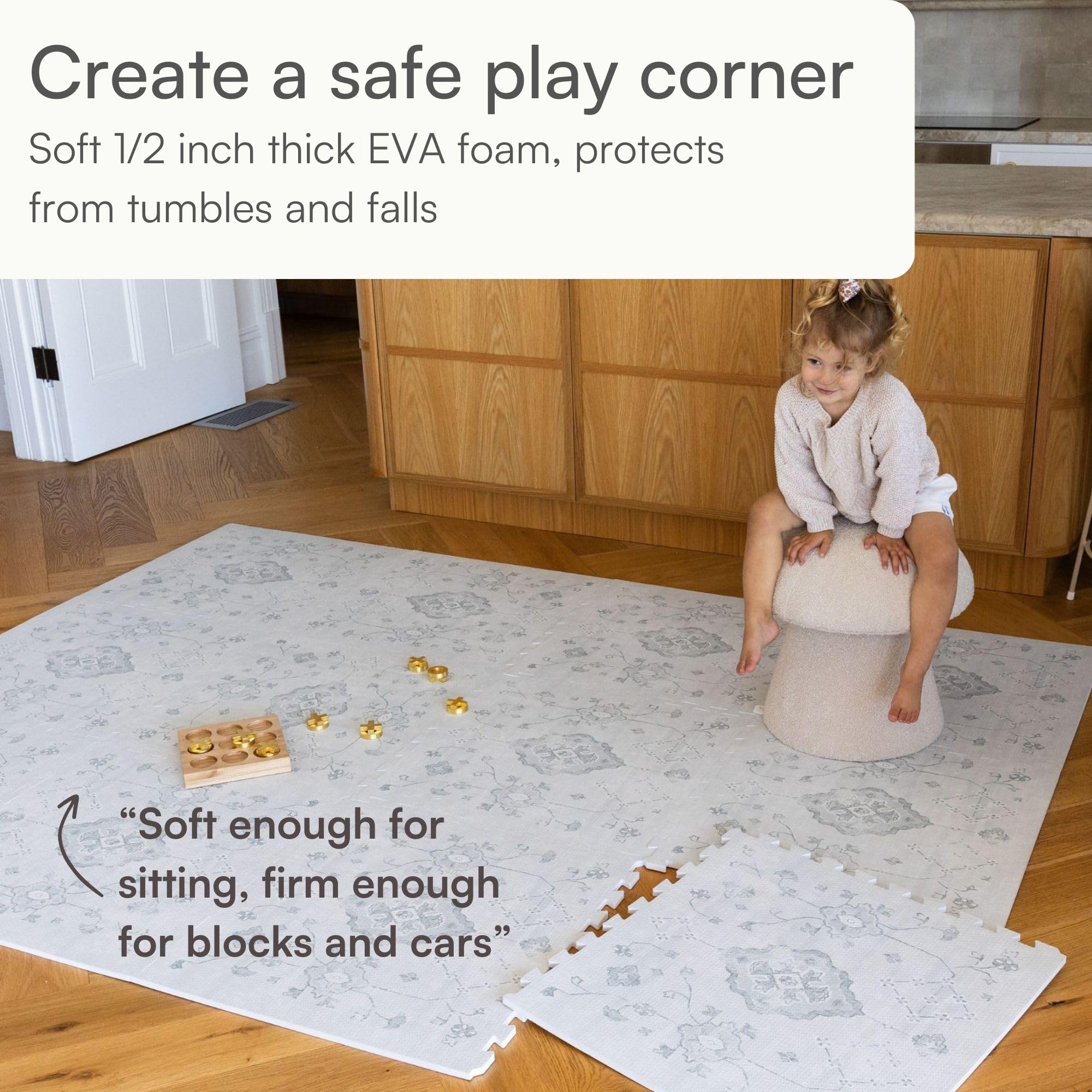 Lillefolk safety-focused mat helps protect little knees during play.