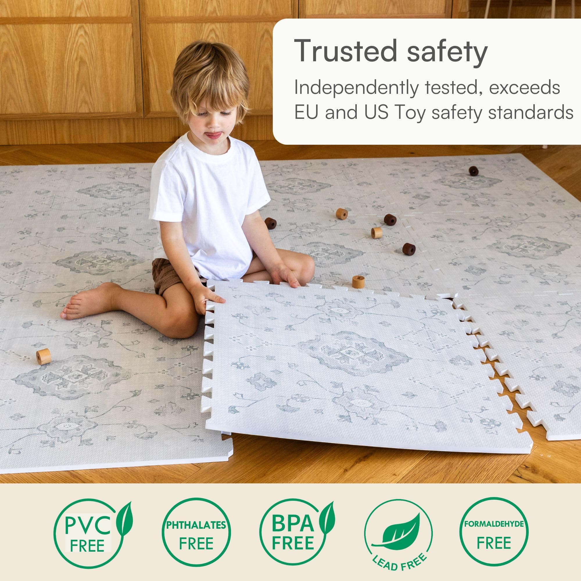 Lillefolk nursery friendly mat cushions knees during parent play and diaper changes