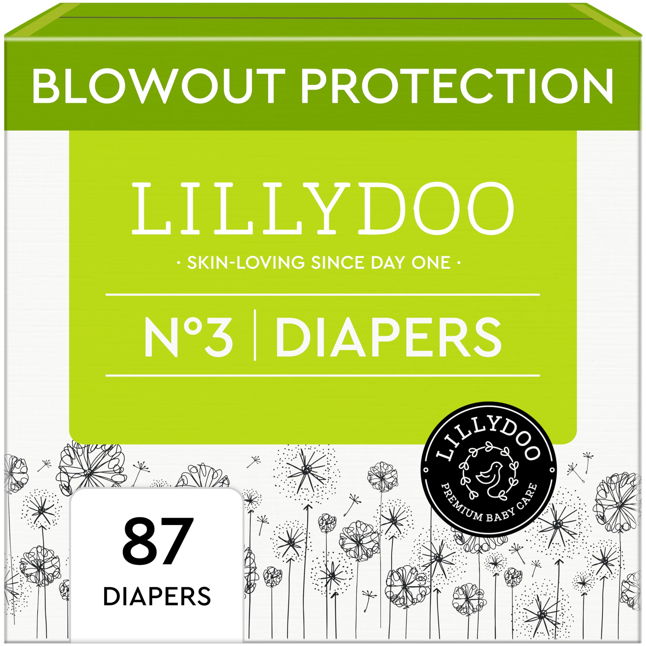 LILLYDOO size 3 packaging shows 87-count half-monthly supply for 13-22 lb babies