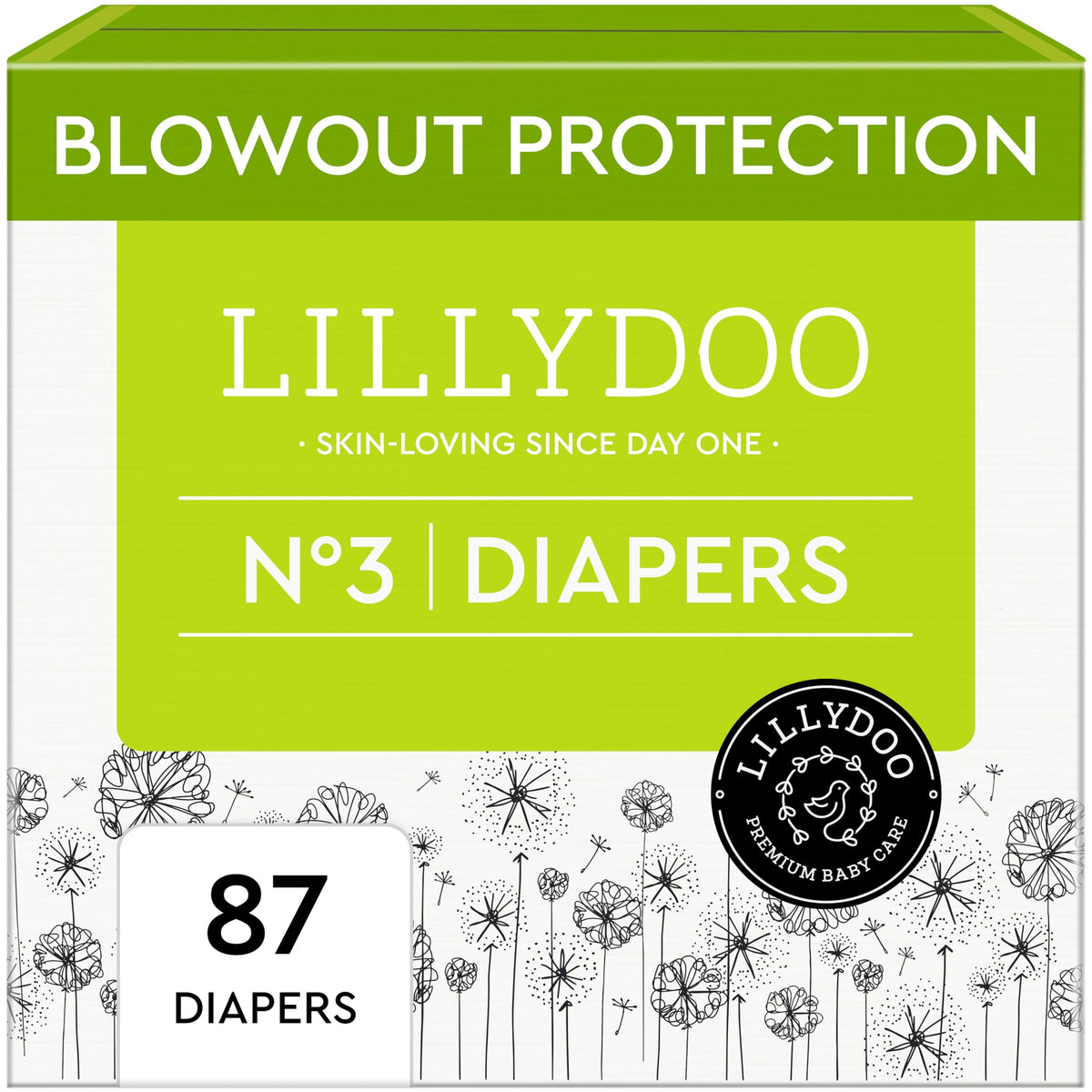LILLYDOO size 3 packaging shows 87-count half-monthly supply for 13-22 lb babies