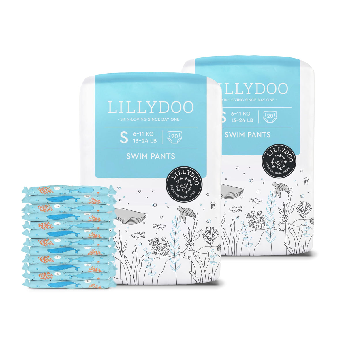 LILLYDOO Baby Swim Diapers Blue Whales design packaging for water-ready protection