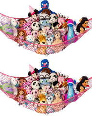 Lilly's Love coral corner hammock installed for easy plushie organization in a kid's room.