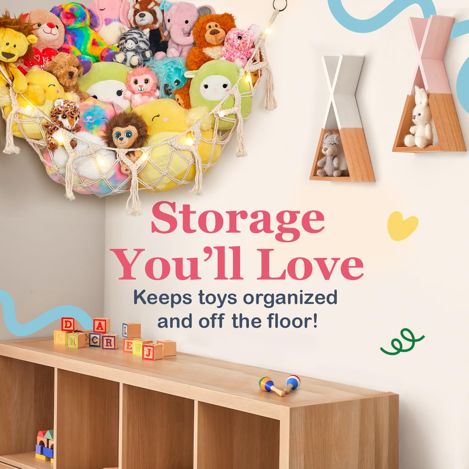 Lilly's Love corner hanging toy storage installation improves room organization.