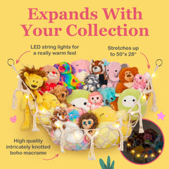 Lilly's Love corner-install macrame hammock demonstrates space-saving plush storage in a nursery.