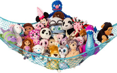 Lilly's Love large stuffed animal hammock in a corner, quick-access storage for plushies.