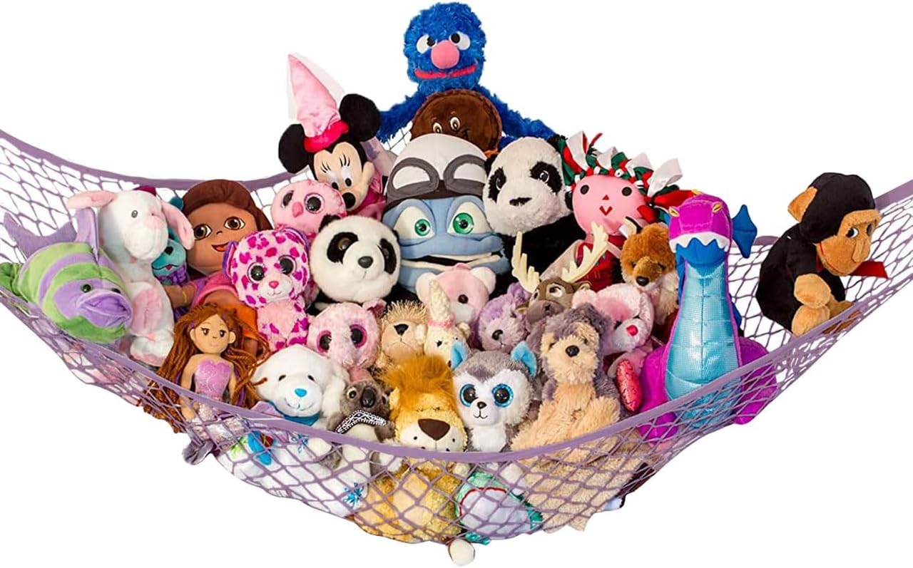 Lilly's Love corner installation of large stuffed animal hammock for organized plushies.
