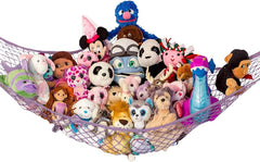 Lilly's Love corner installation of large stuffed animal hammock for organized plushies.