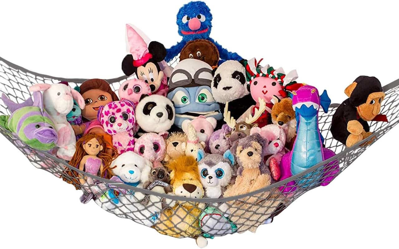 Lilly's Love large stuffed animal hammock corner setup for organized plush storage.