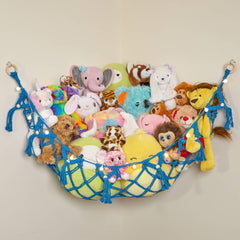 Lilly's Love macrame hammock blue front view for organized plush toy storage in a cozy corner.