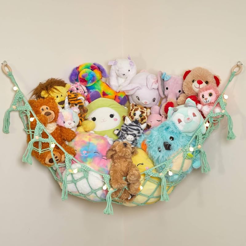 Lilly's Love macrame hammock with mint finish and lighted strings adds warm ambience.