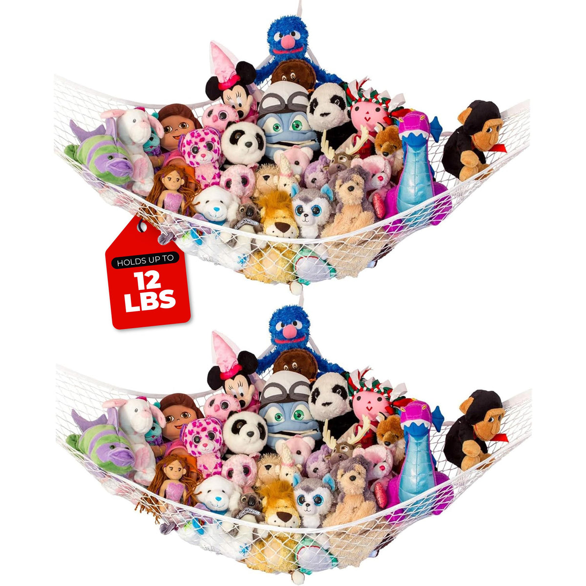 Lilly's Love stuffed animal hammock corner hanging setup demonstrates space-saving toy storage.