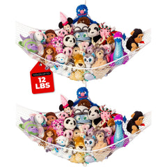 Lilly's Love stuffed animal hammock corner hanging setup demonstrates space-saving toy storage.