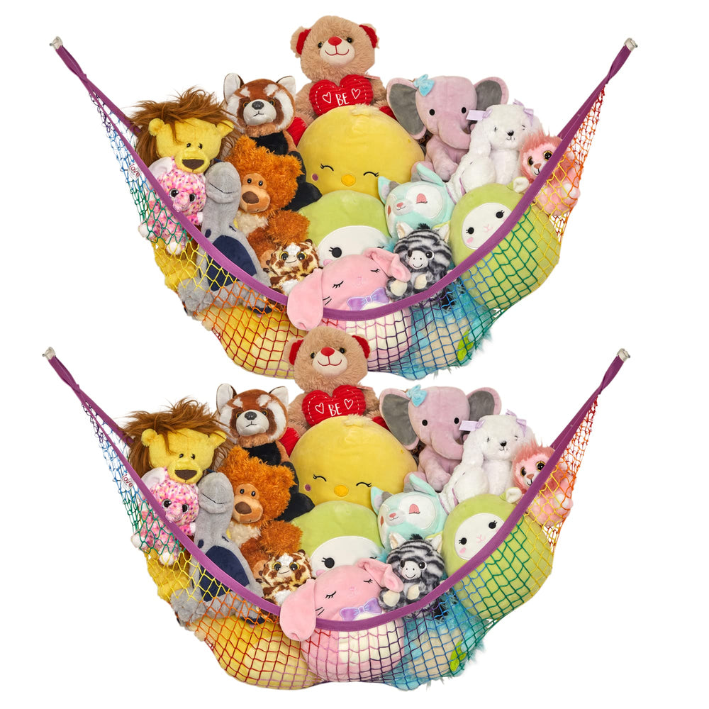 Lilly's Love stuffed animal hammock corner installation demonstrates space-saving organization for bedrooms.