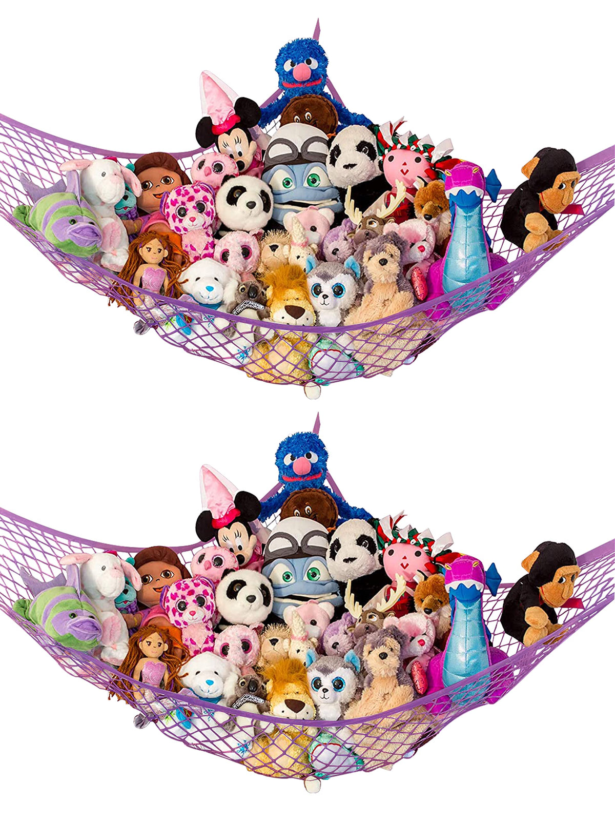 Lilly's Love stuffed animal hammock corner installation showcasing space-saving toy storage.