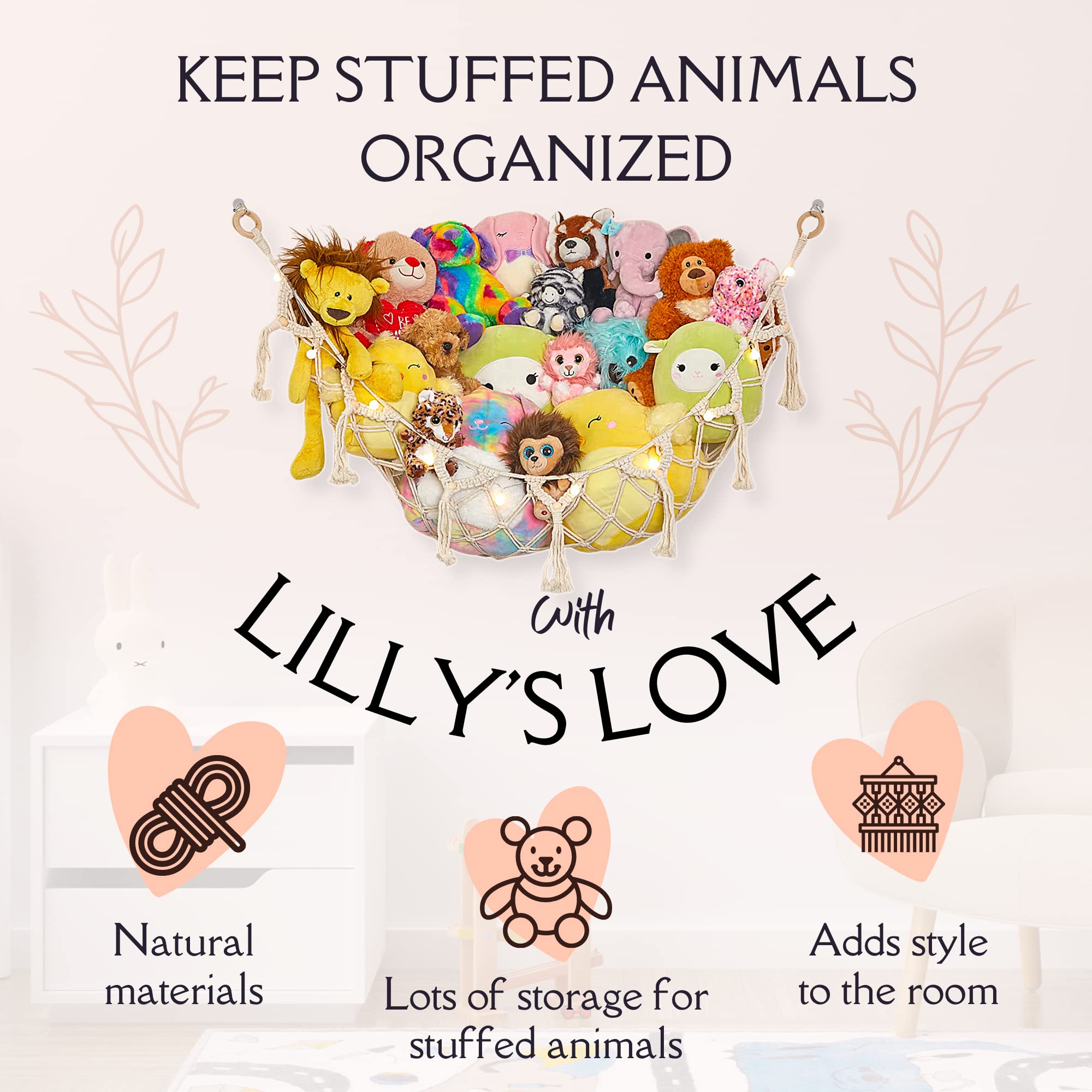 Lilly's Love hanging net storage cradles plush toys on mint backdrop.