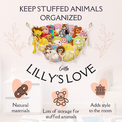 Lilly's Love hanging net storage cradles plush toys on mint backdrop.