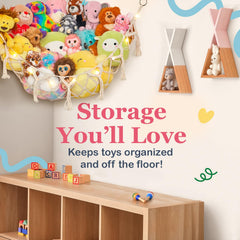 Lilly's Love stuffed animal storage hammock closeup highlights sturdy knots and soft rope texture.