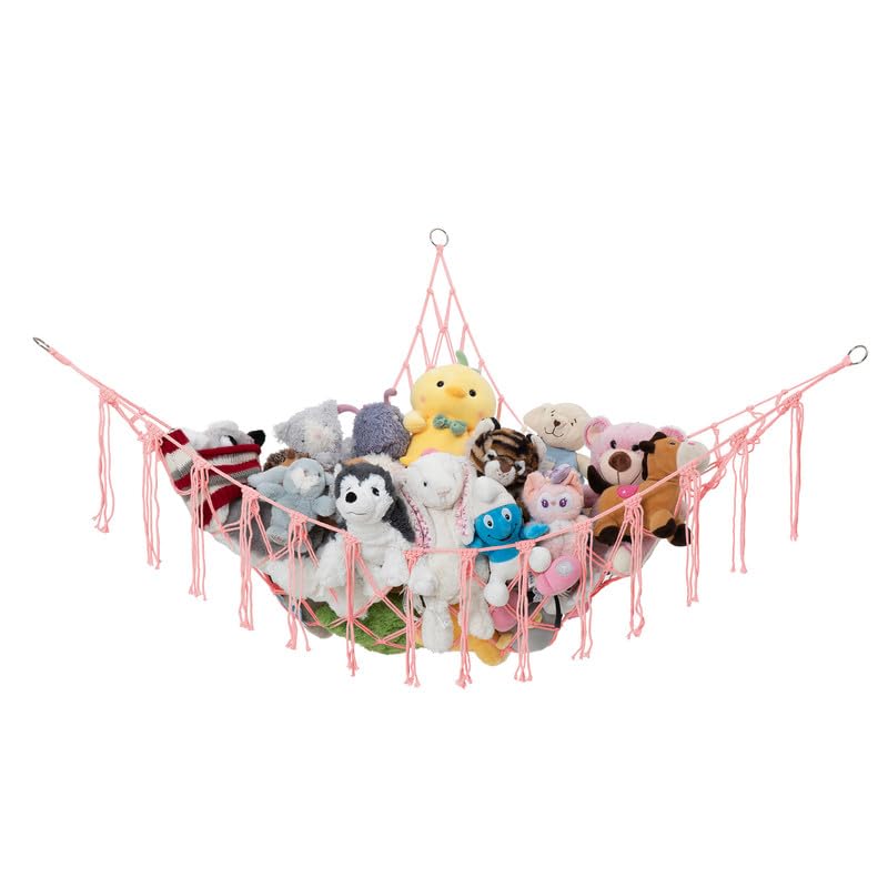 Lilly's Love macrame hammock in light pink front view stores plush toys and saves space