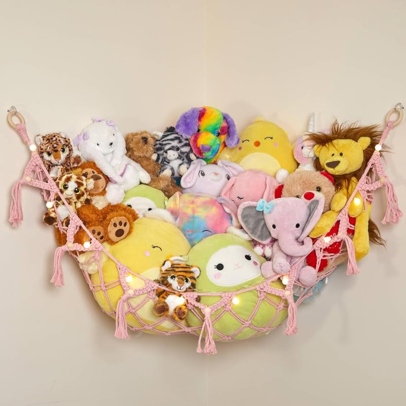 Lilly's Love stuffed animal storage macrame hammock light-pink setup: organized plush clutter relief