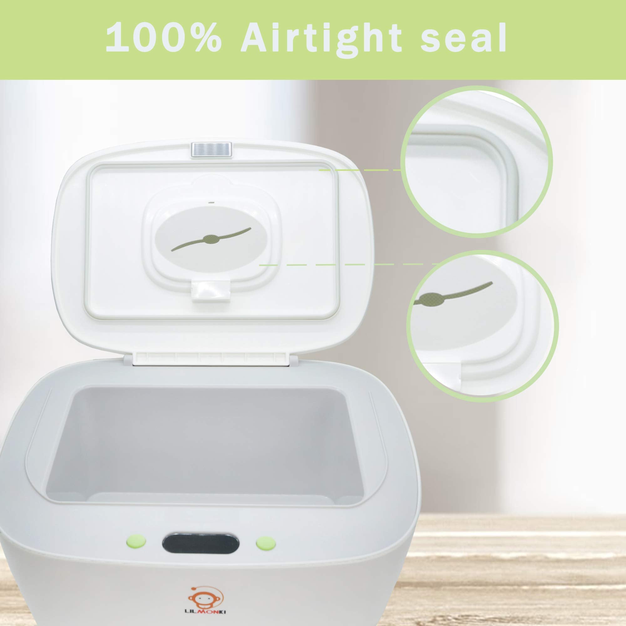Lilmonki wipe warmer with sealed lid helps keep moisture and wipes from browning.