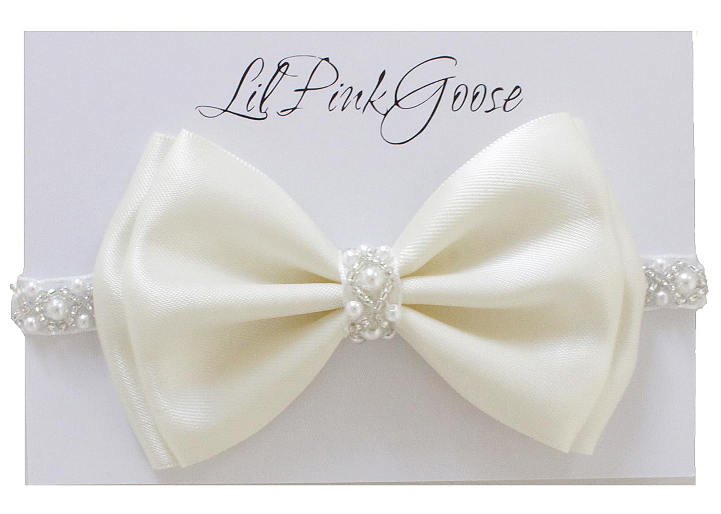 LilPinkGoose baby baptism headband in white satin bow with pearl rhinestones for christening photos.