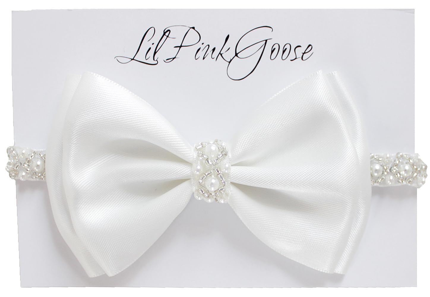 LilPinkGoose baptism headband with pearl rhinestone bow for christening ceremonies.