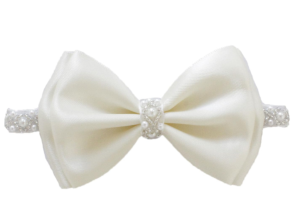 LilPinkGoose baptism headband with satin bow and cream pearls for christening photos.