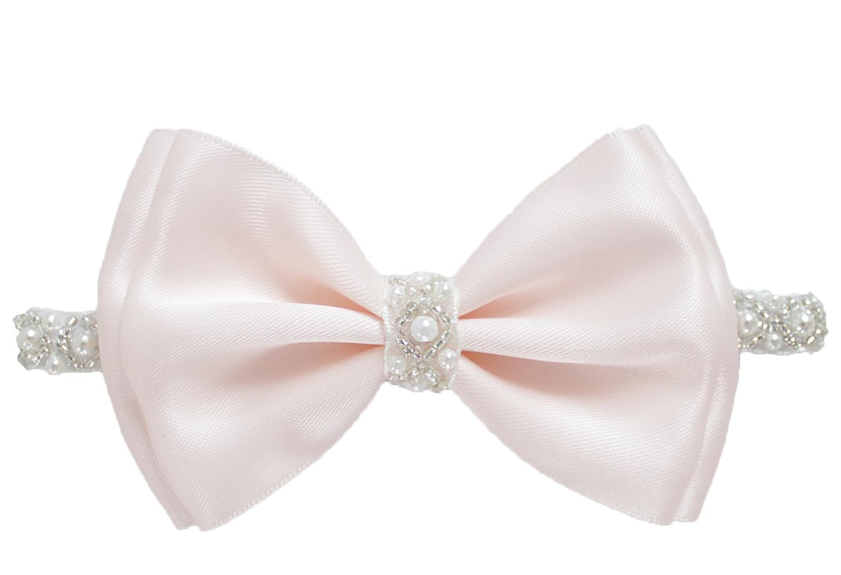 LilPinkGoose baptism headband in white satin bow ideal for christening photos