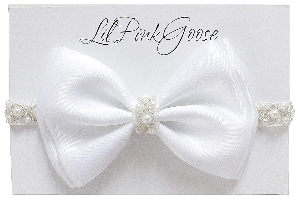 LilPinkGoose baptism headband with white satin bow for christening photos