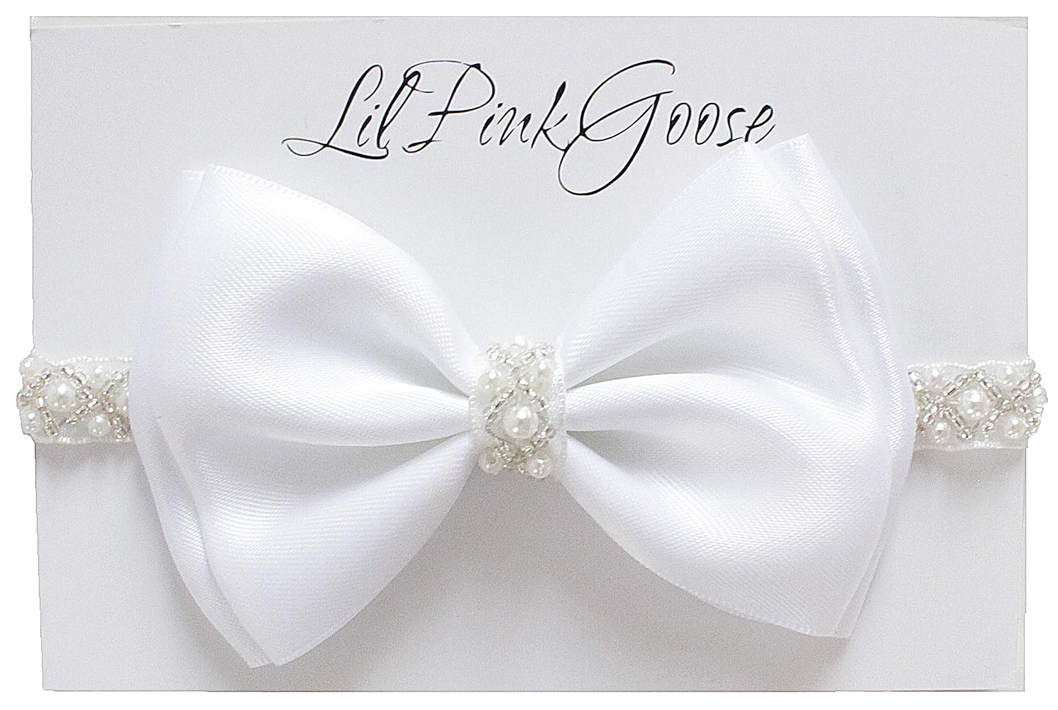LilPinkGoose baptism headband with satin bow and pearl rhinestones for christening photos.