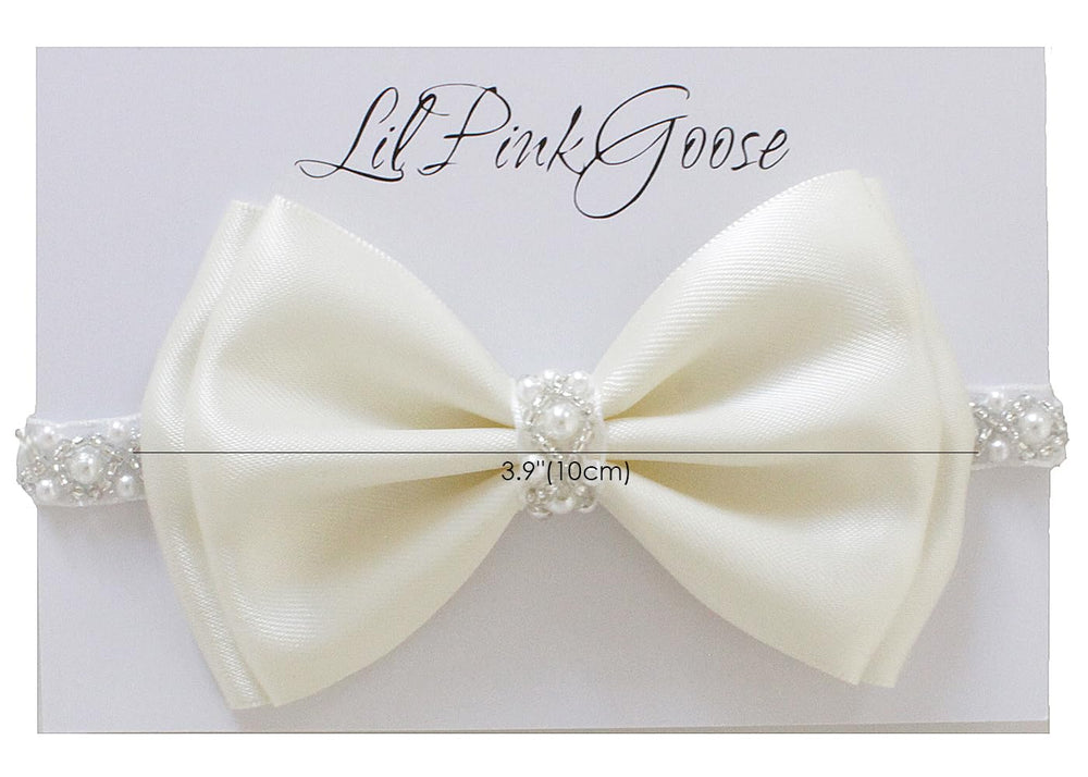 LilPinkGoose cream pearl rhinestone band highlights delicate, timeless newborn accessory.