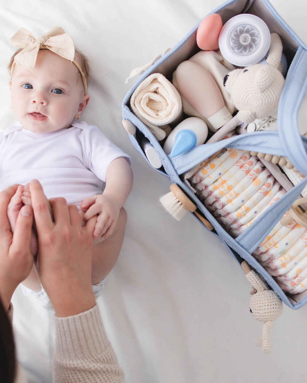 Lily Miles Baby Diaper Caddy bedside setup for nighttime diaper changes and quick access