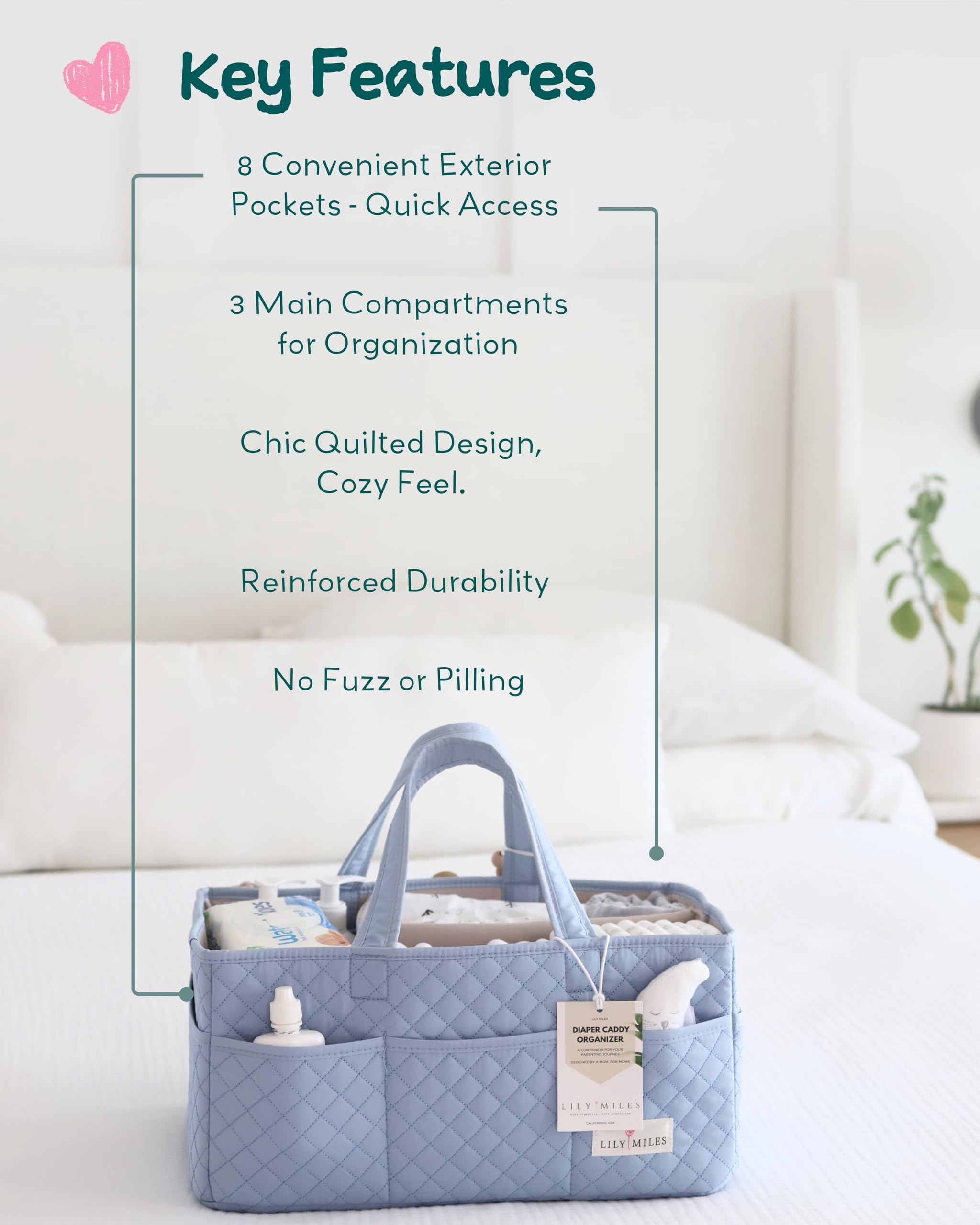 Lily Miles Baby Diaper Caddy eight pockets keep bottles, wipes, and cloths neatly within reach
