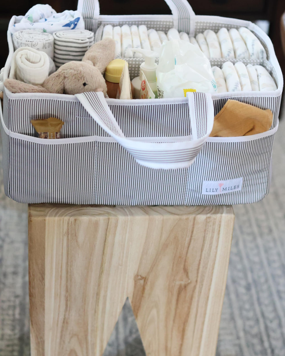 Lily Miles diaper caddy gray baby shower gift idea for new parents.