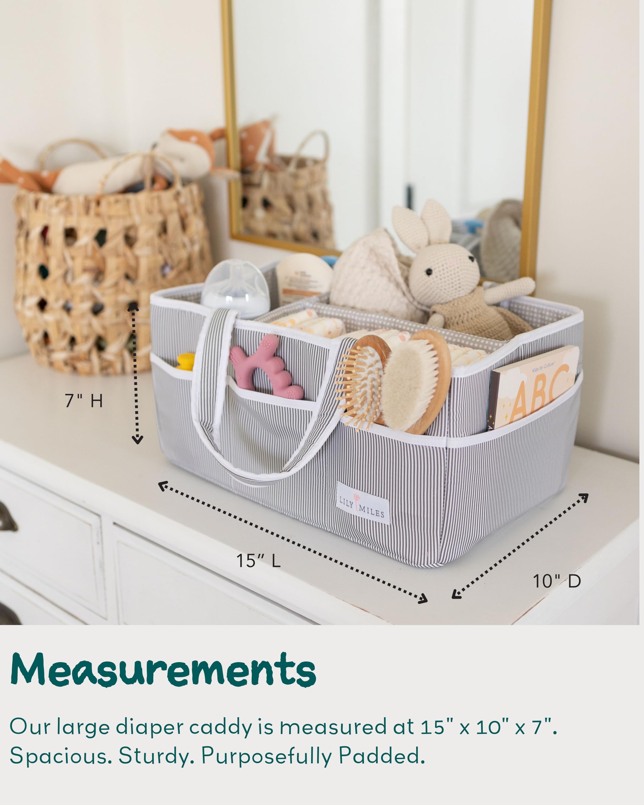 Lily Miles diaper caddy gray exterior pockets provide quick access to pacifiers and toys.