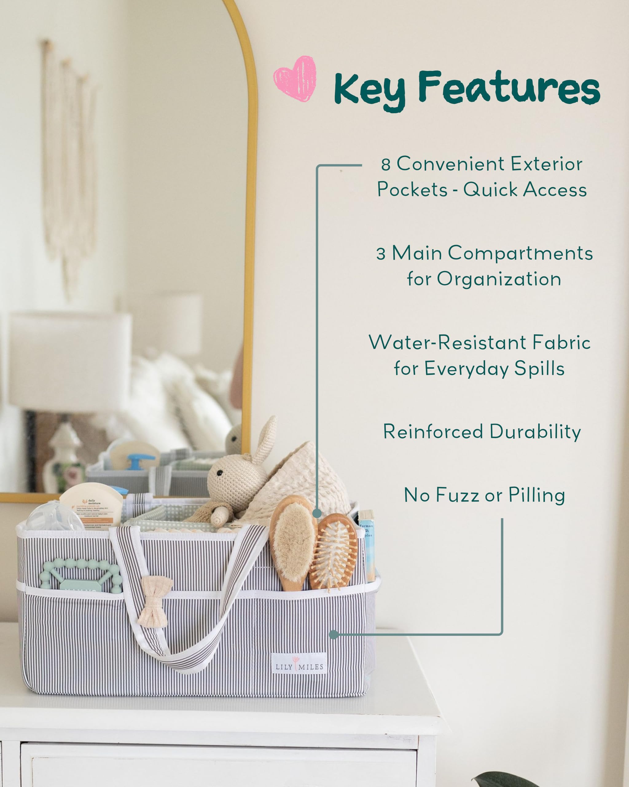 Lily Miles diaper caddy gray foldable design ideal for travel and on-the-go.